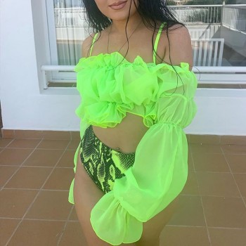 In-X Sexy neon green bikini set Mesh long sleeve swimsuit female High waist bikini 2020 Snake print swimwear Bathing suit women